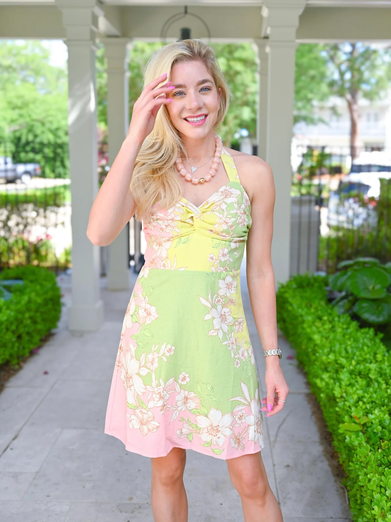 Green & Pink Woven Mini Dress - Image 3