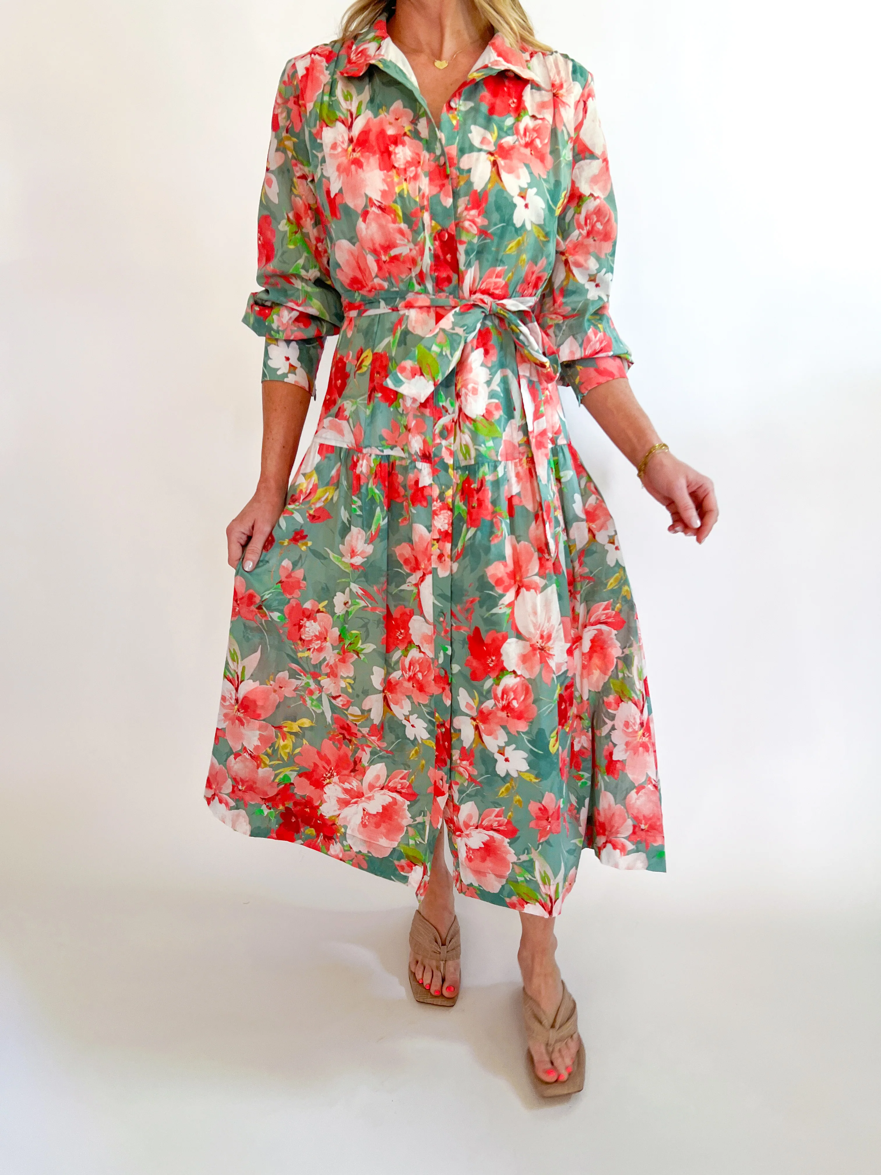 Button Up Tie Waist Maxi