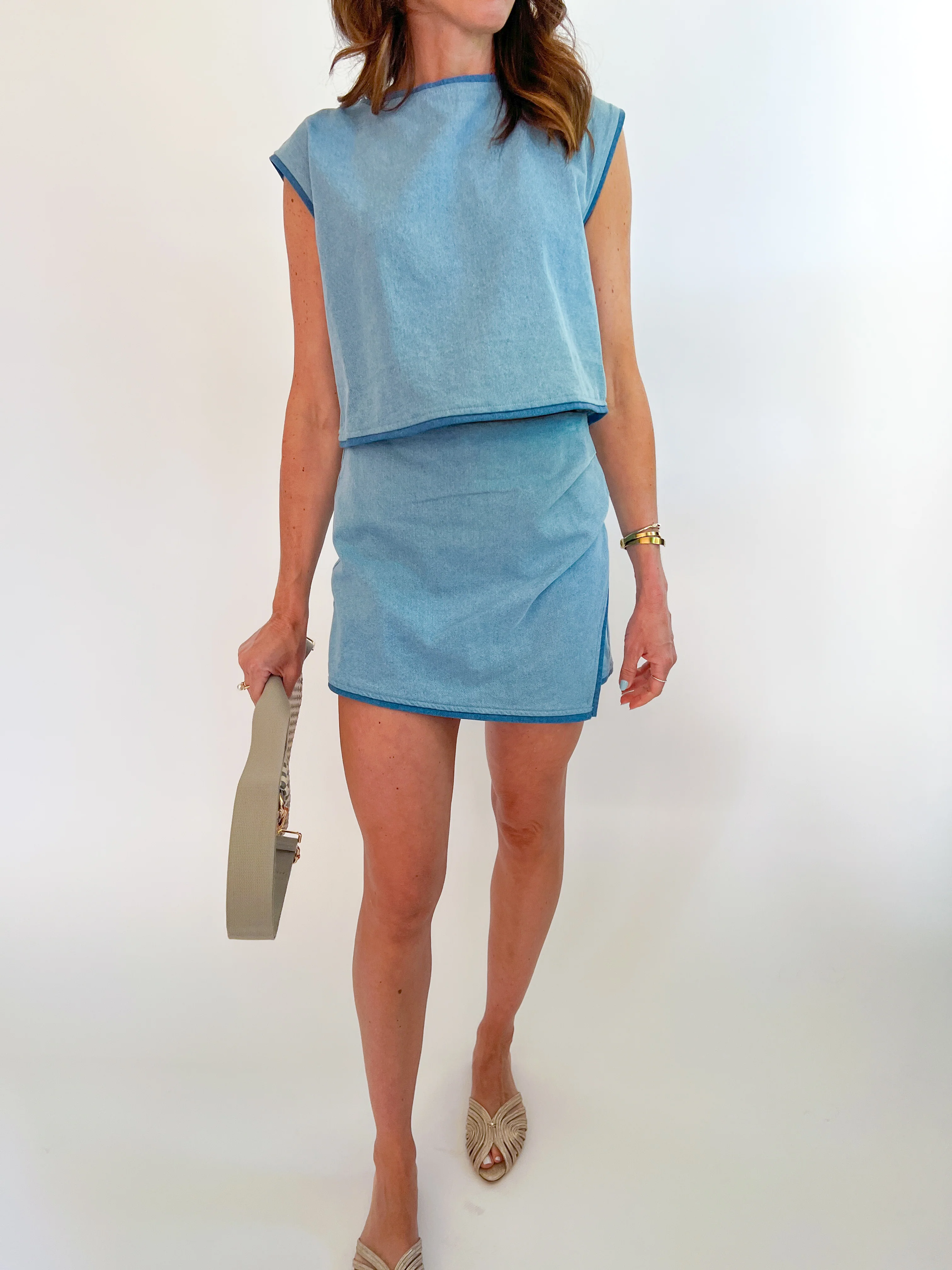 Denim Contrast Top with Wrap Skirt Set - Image 3