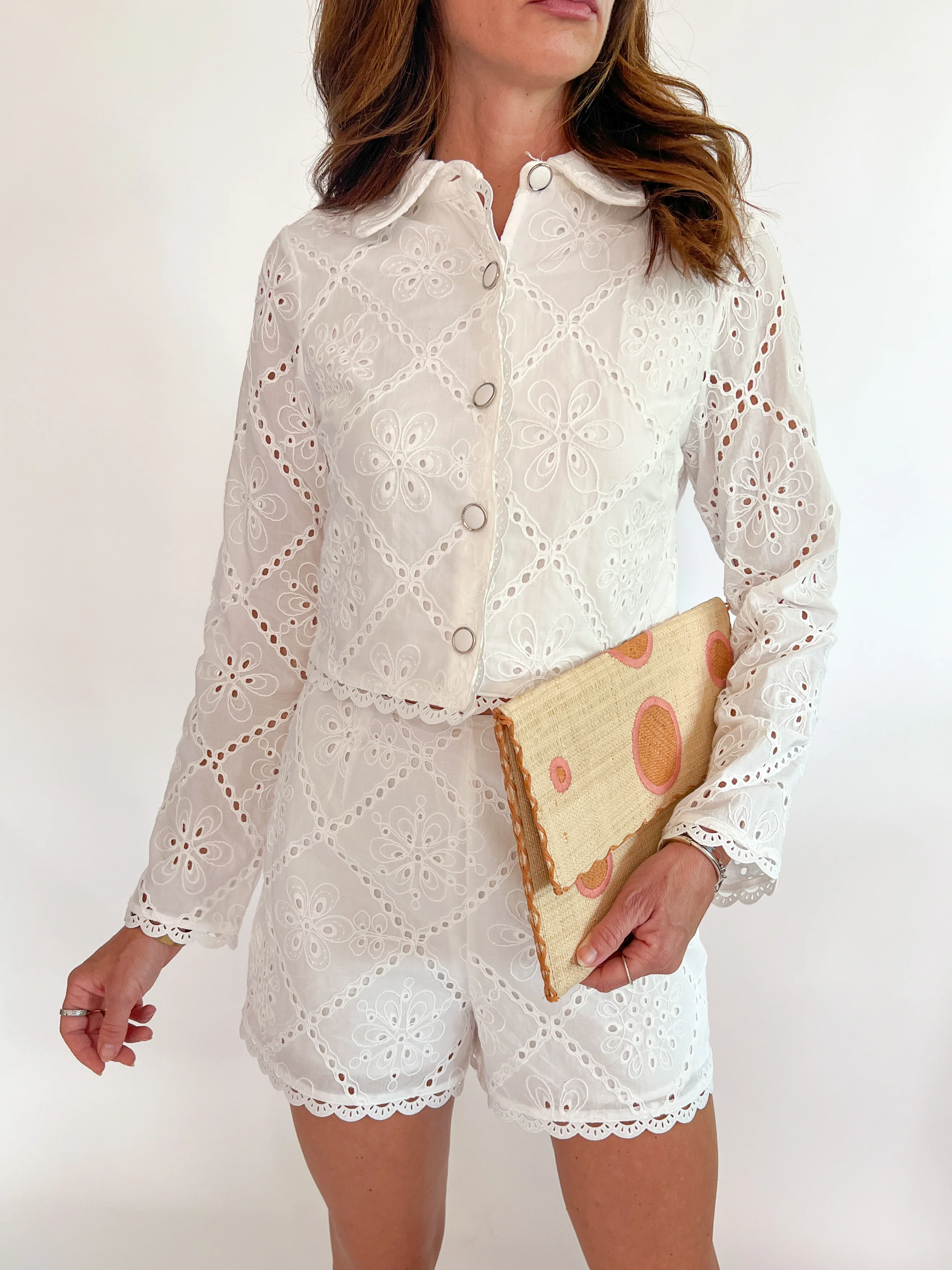 Eyelet Lace Long Sleeve Short Set
