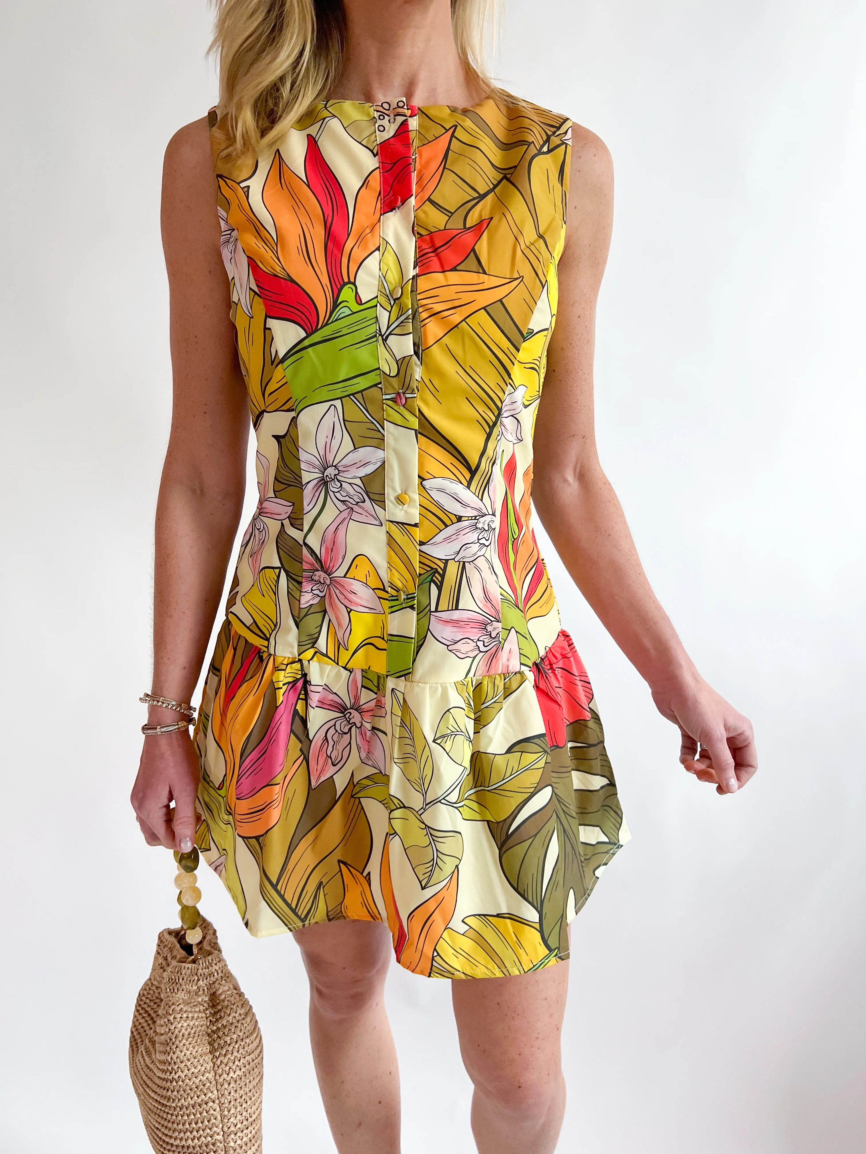 Floral Print Fitted Bodice Drop Waist Dress