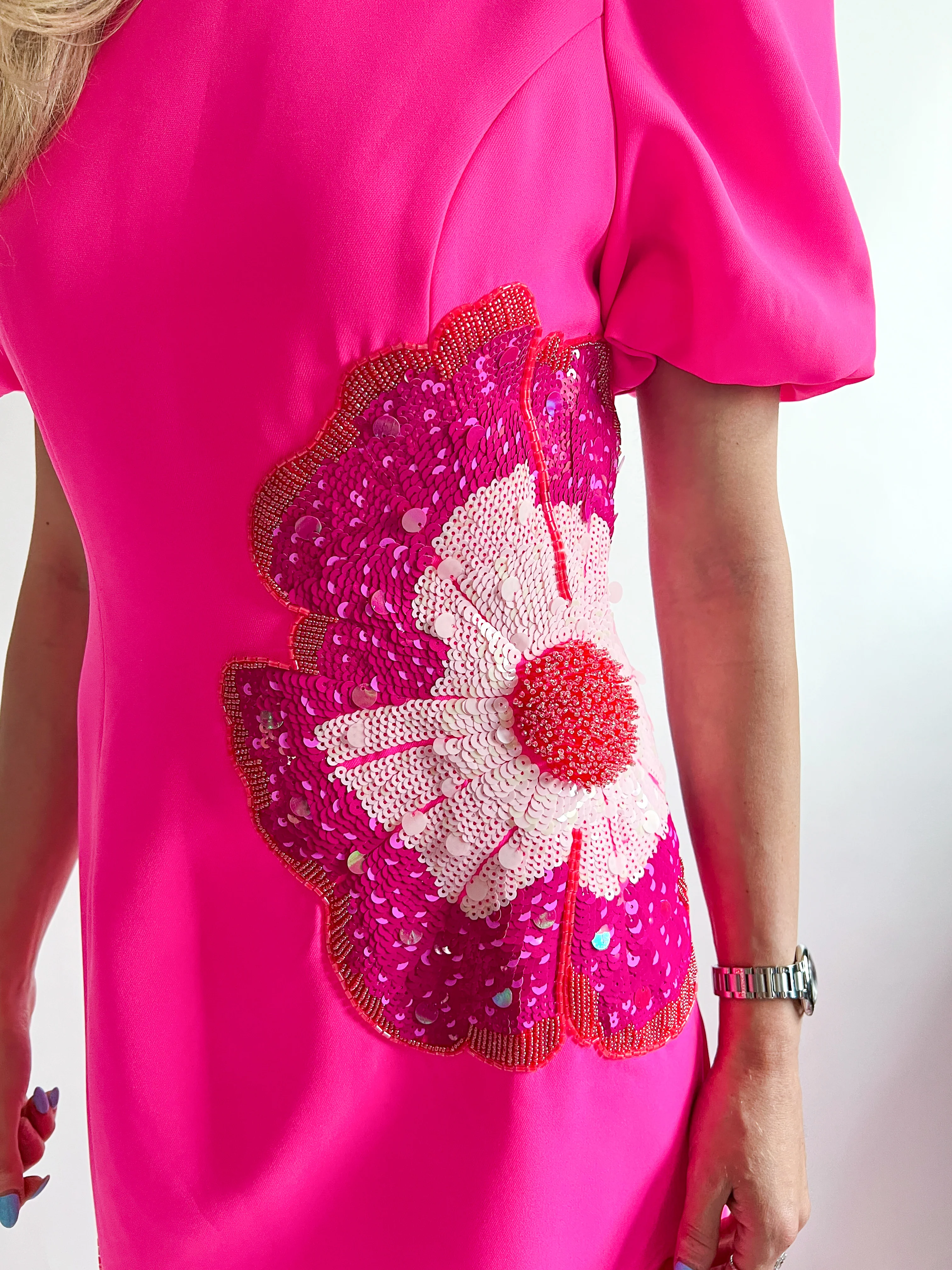 3D Floral Sequin Beaded Puff Sleeve Dress - Image 4