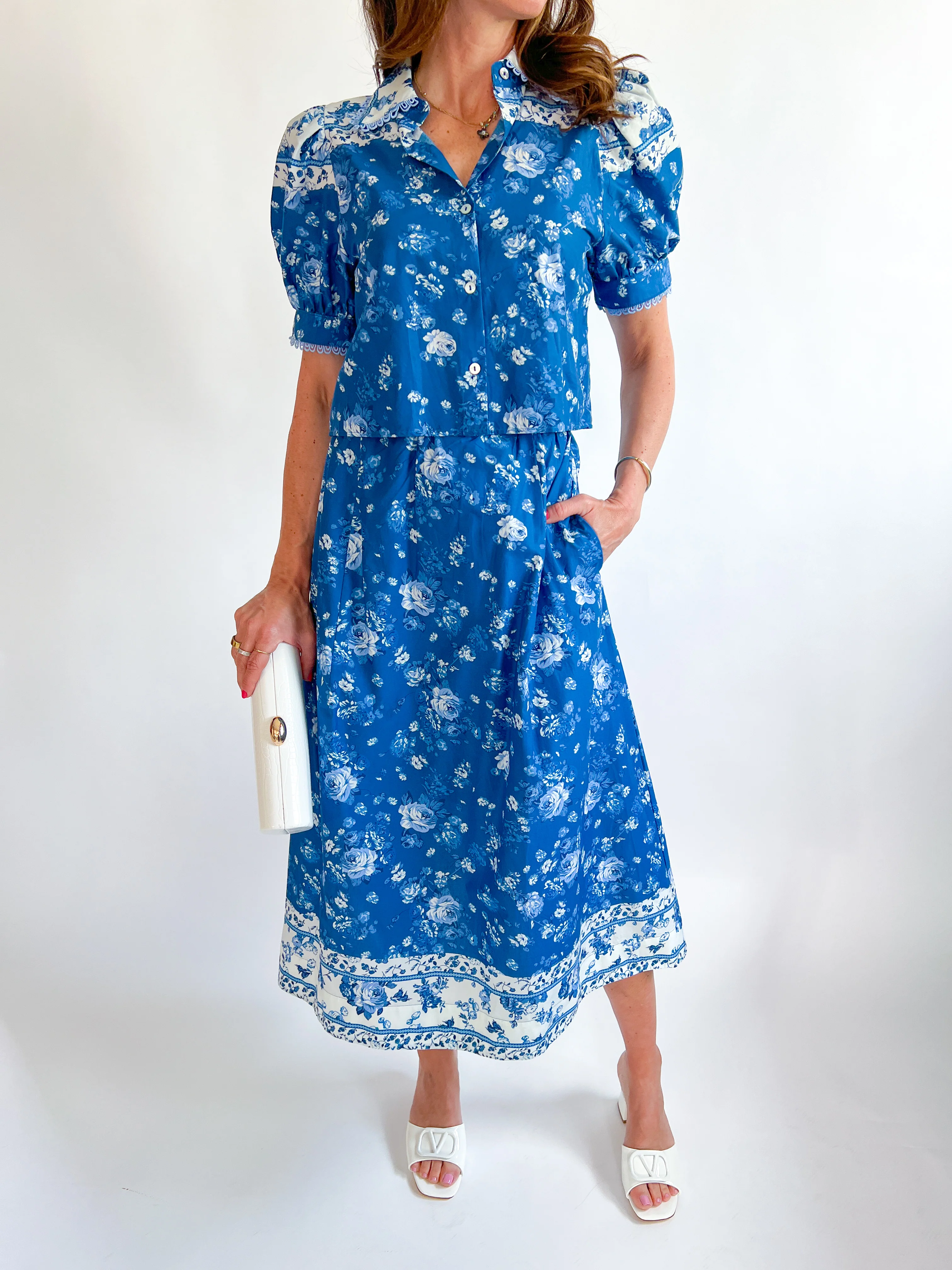 Indigo Floral Midi Skirt