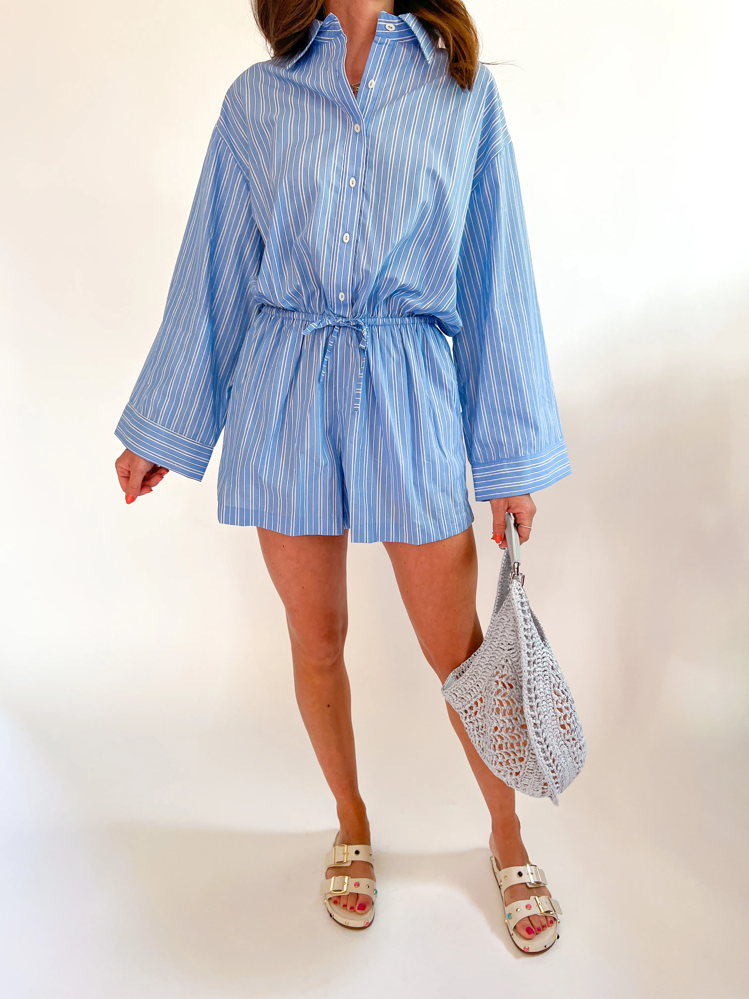 Laci Striped Drawstring Shirt Romper - Image 2