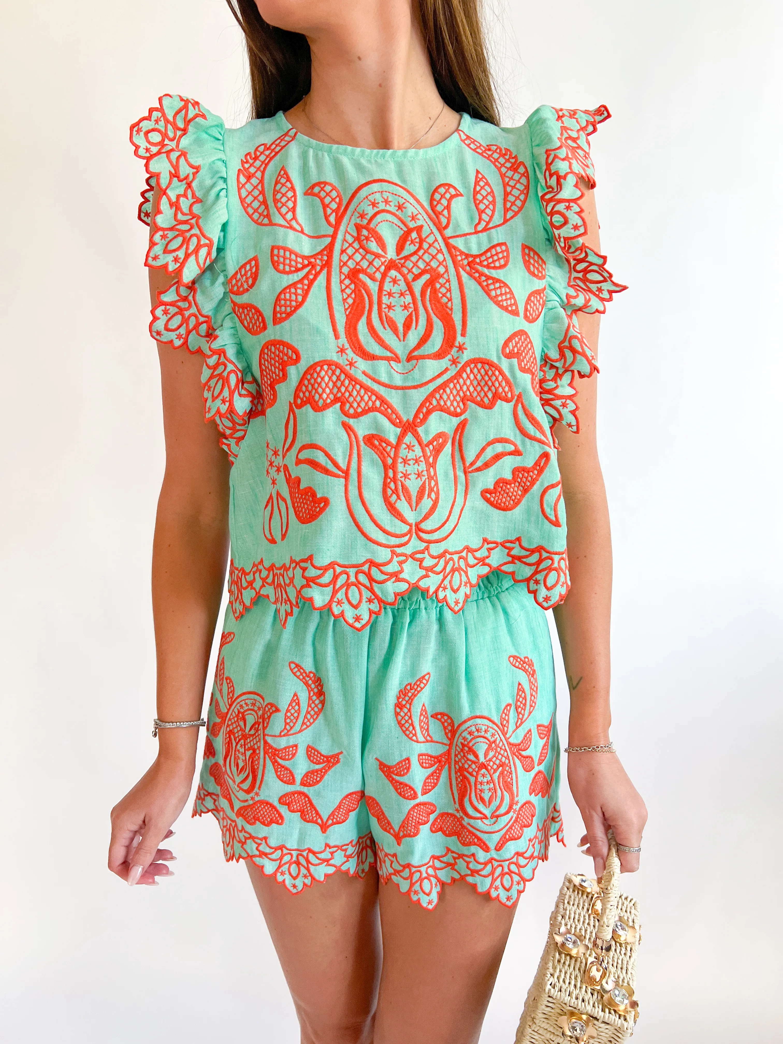 Mint Embroidered Shorts - Image 2