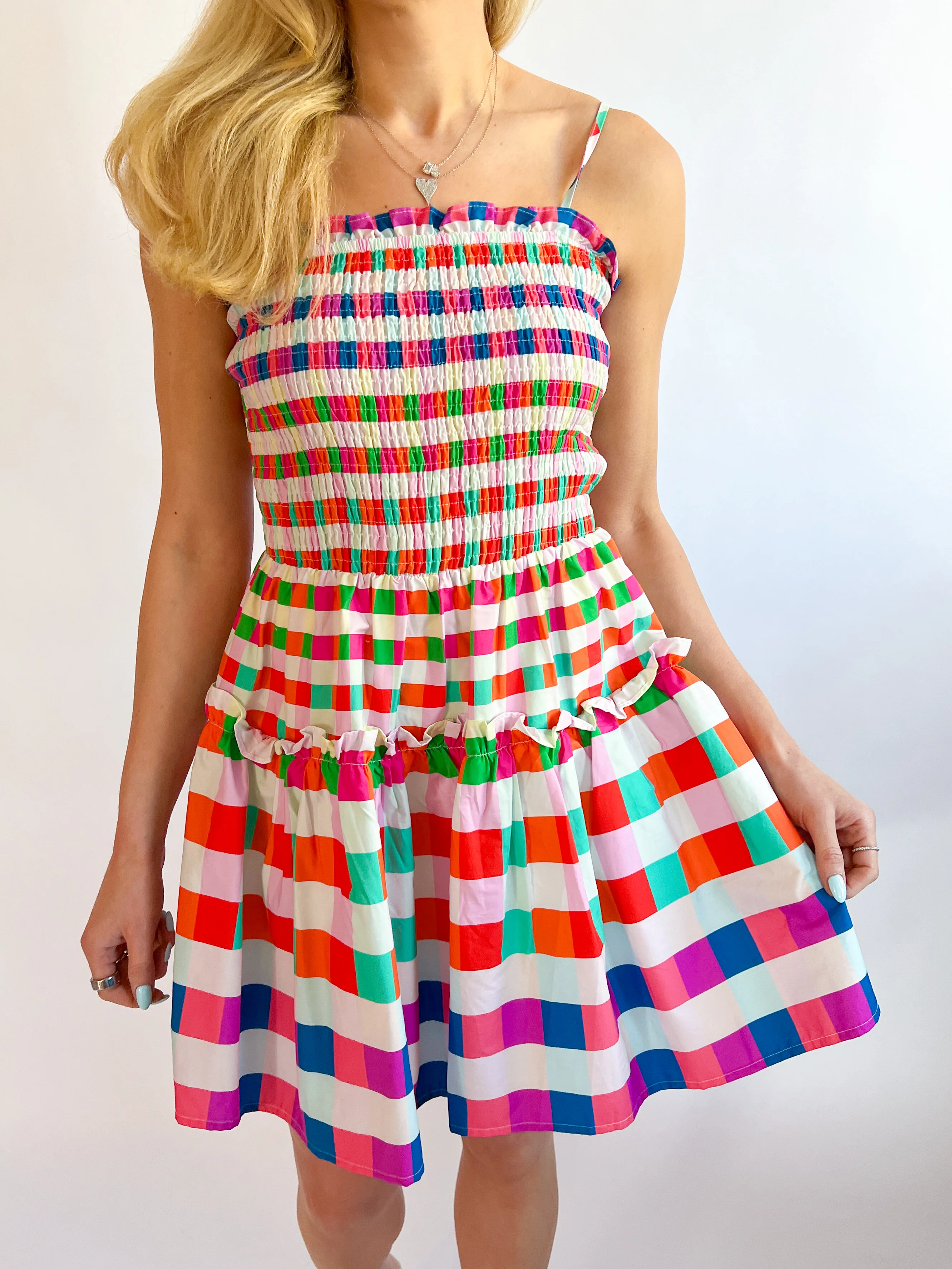 Multi Color Checkered Smocked Bodice Mini Dress