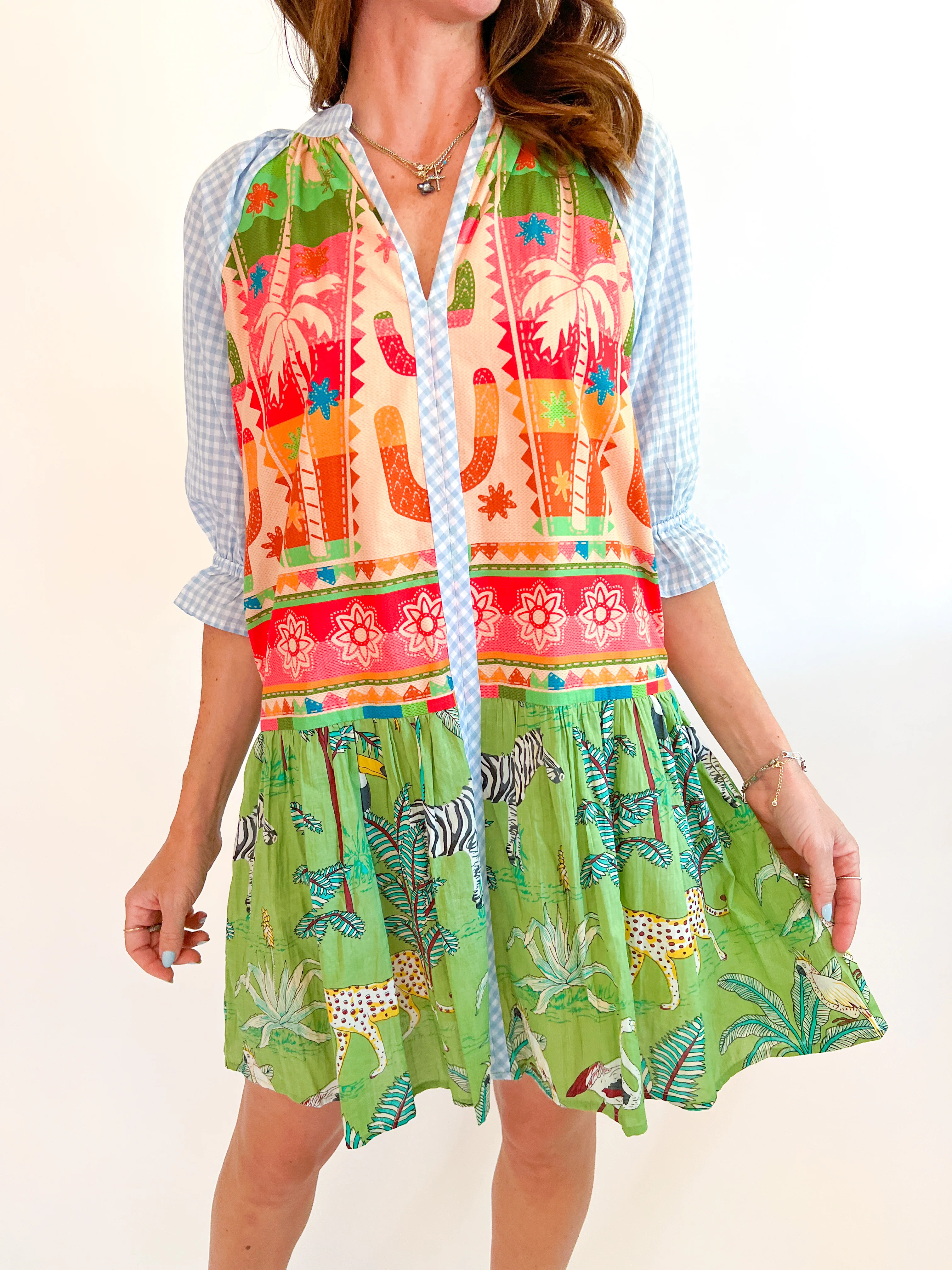 Multi-Patterned V-Neck Dress