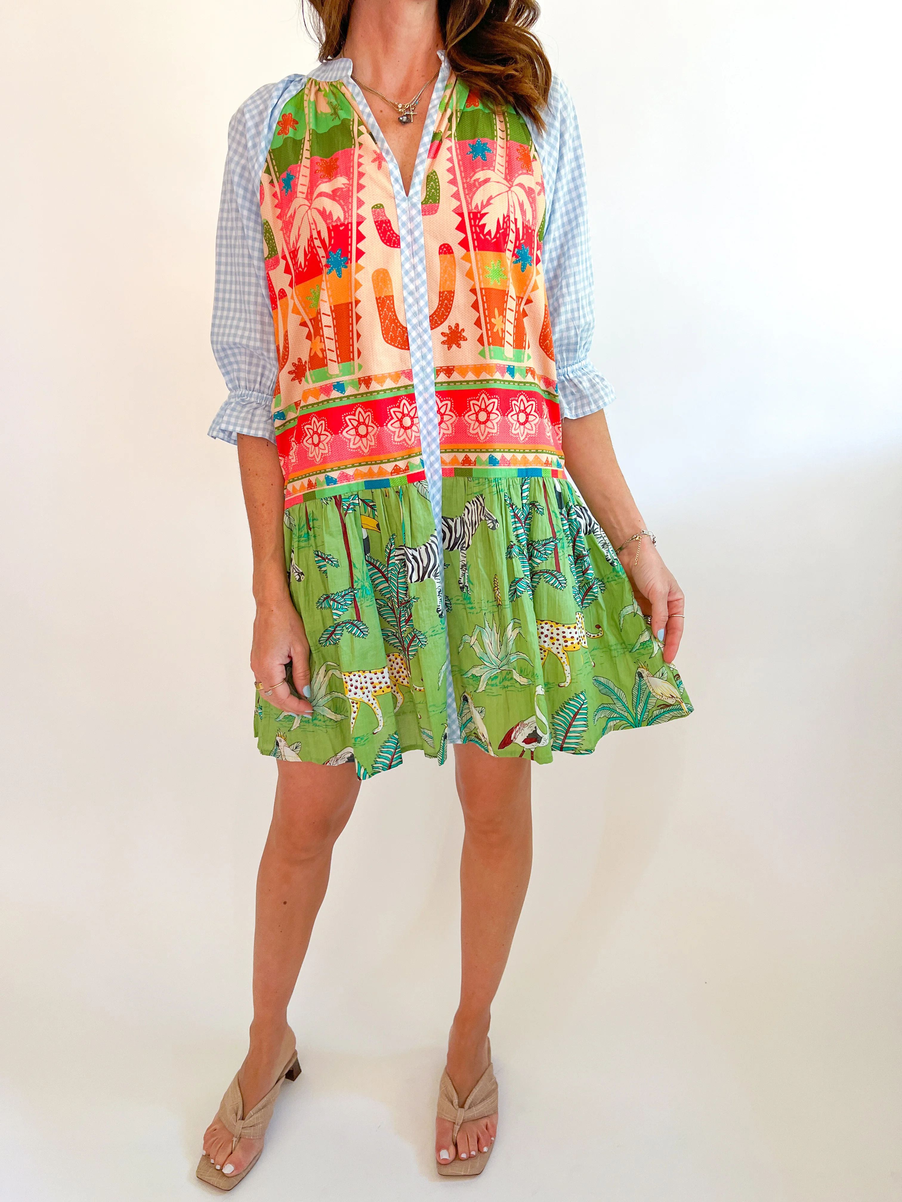 Multi-Patterned V-Neck Dress - Image 2