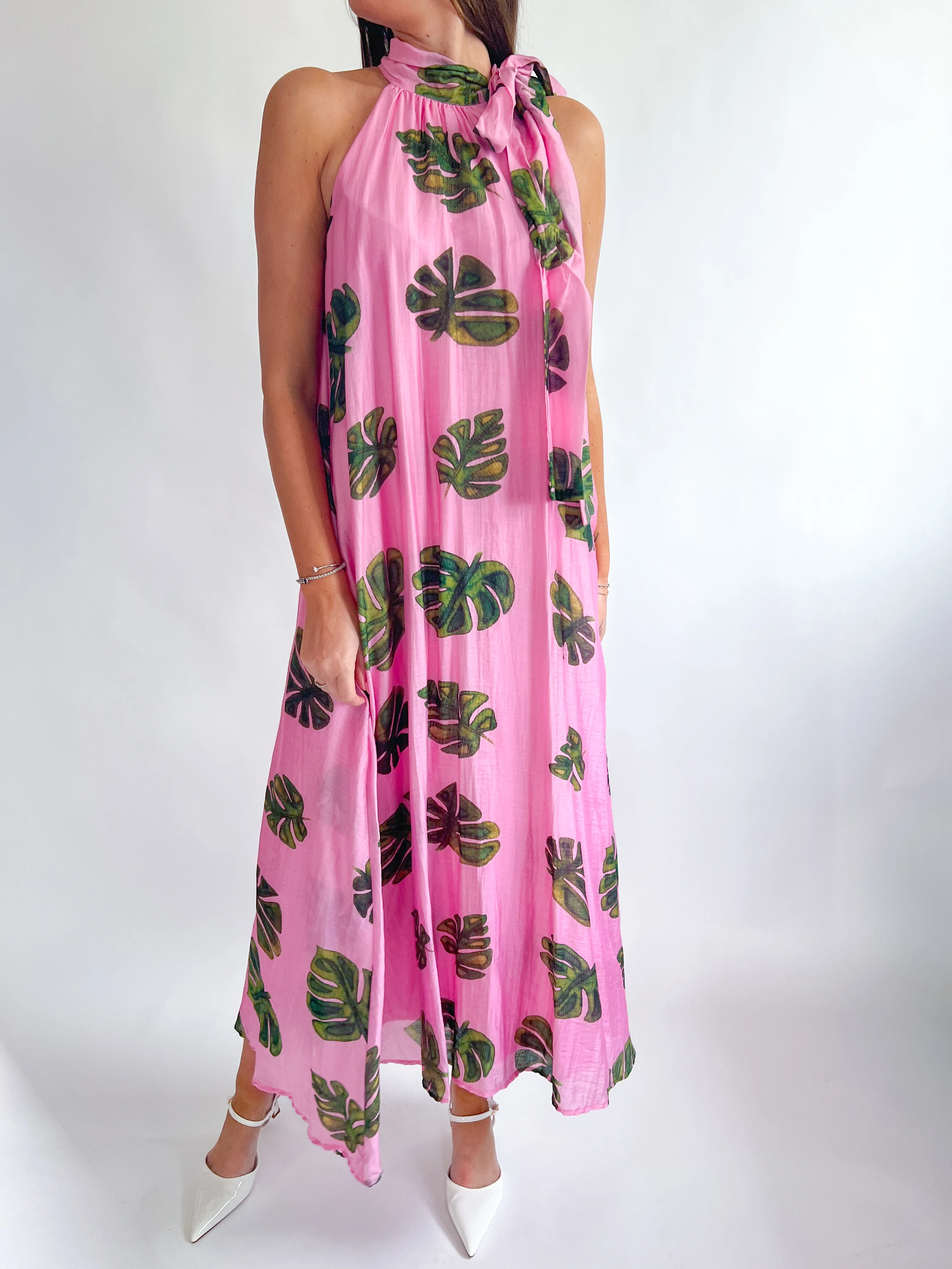Pink Leaf Halter Neck Maxi Dress