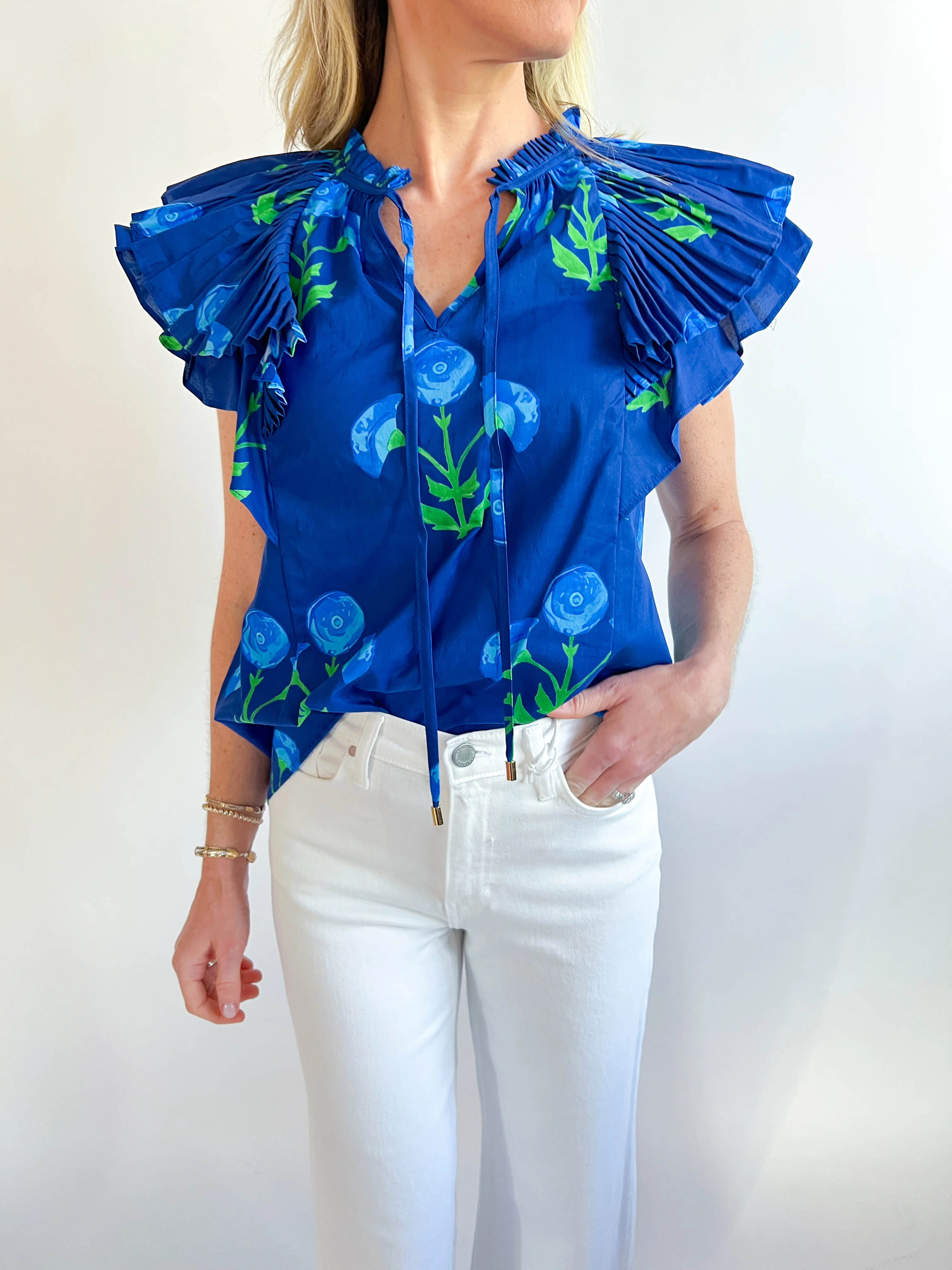 Floral Pleat Ruffle Sleeve Top