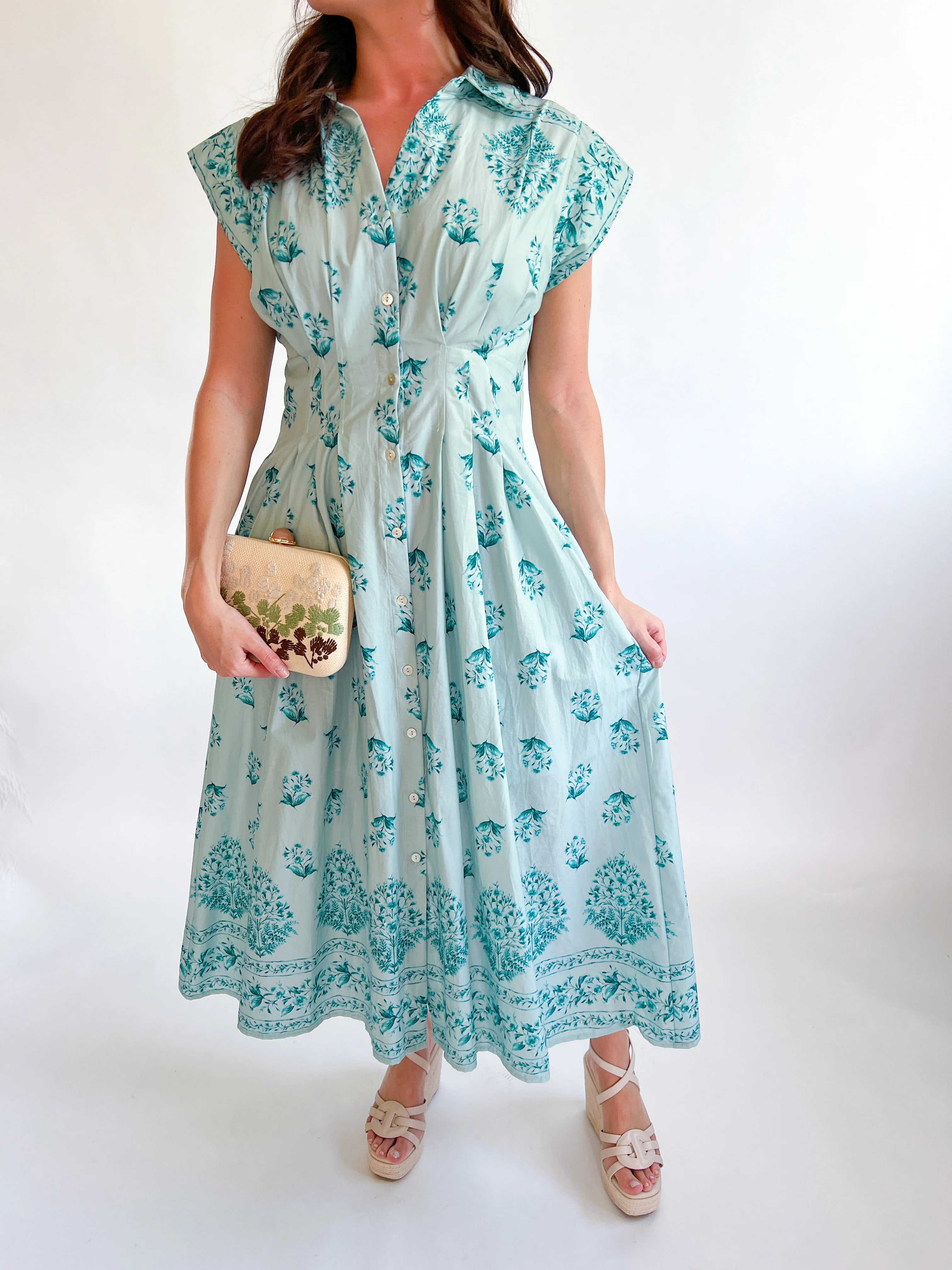 Short Sleeve Floral Cinch Midi Dress