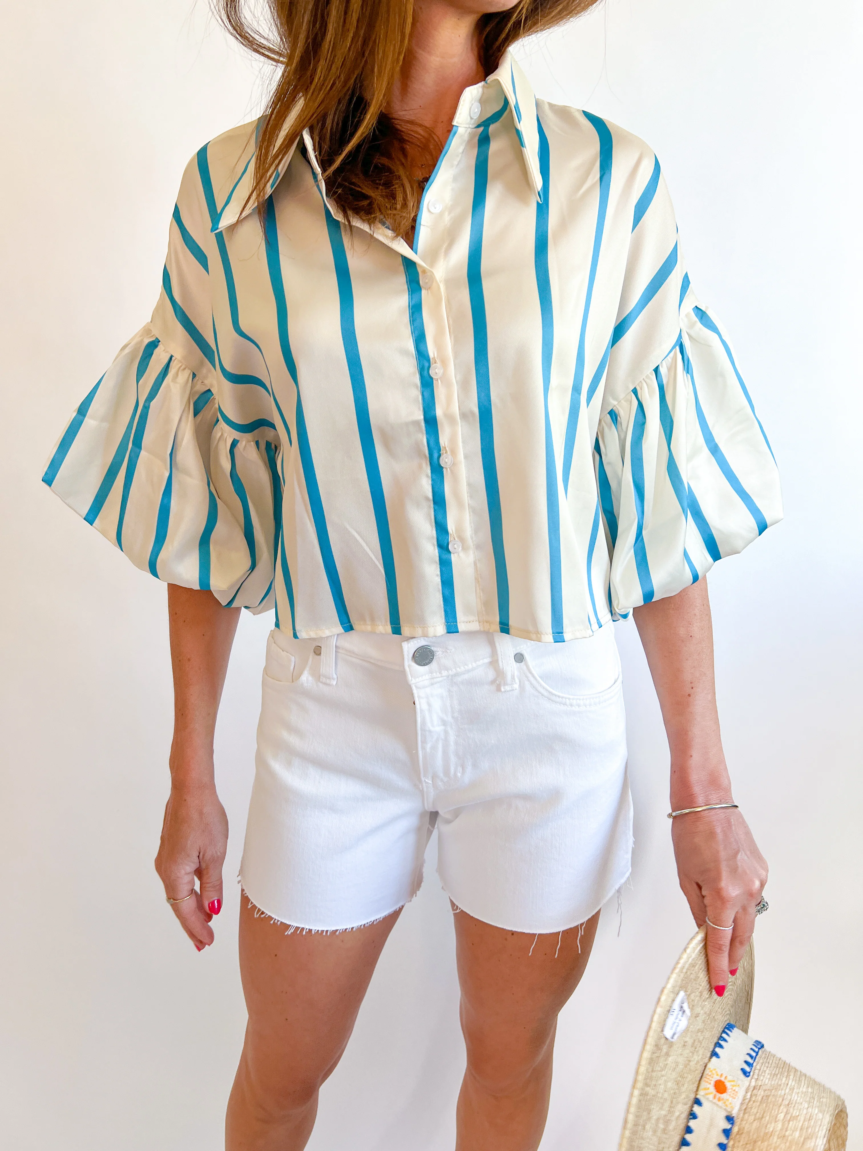 Striped Puff Sleeve Cropped Blouse