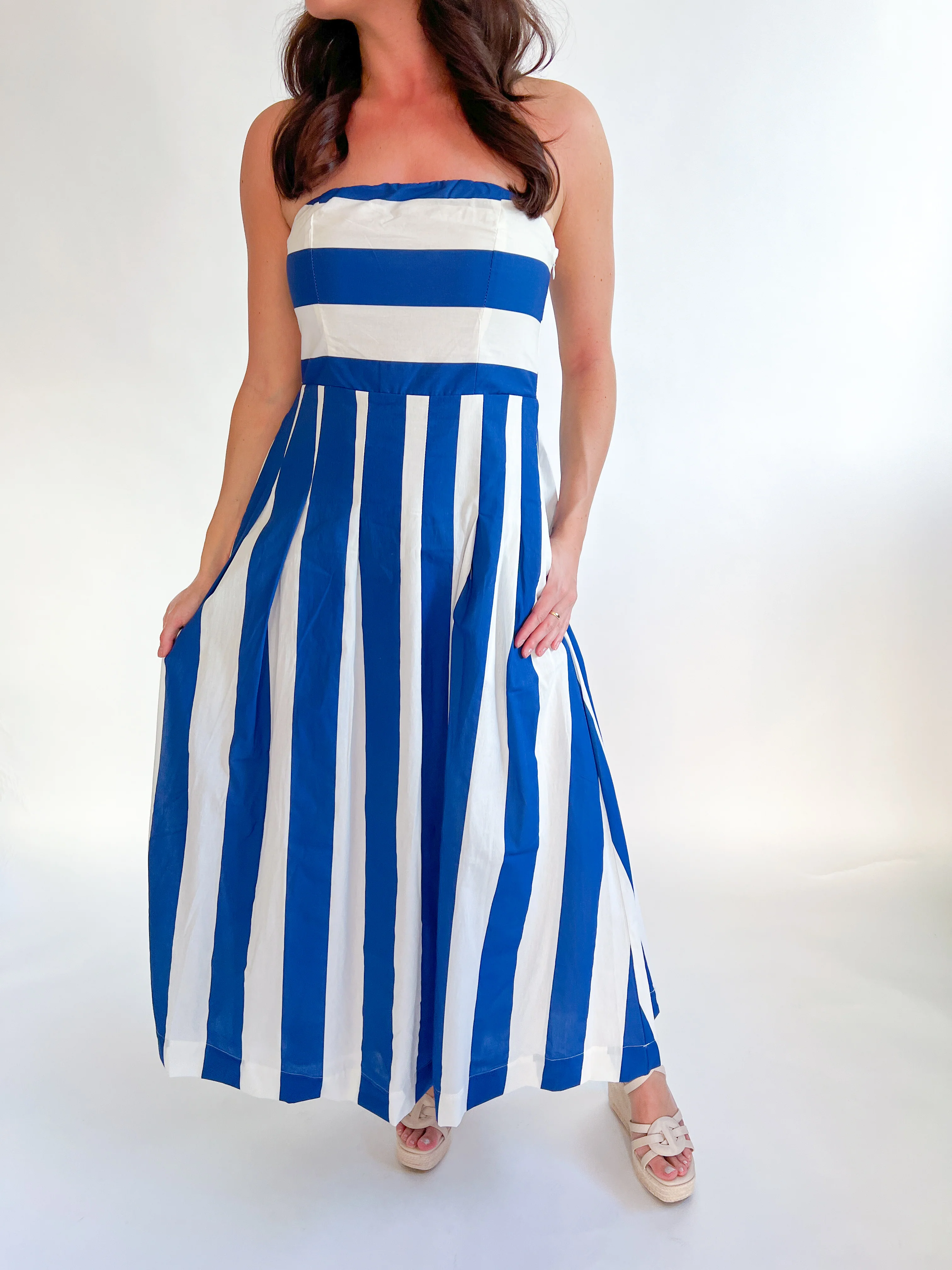 Striped Strapless Smocked Back Midi Dress